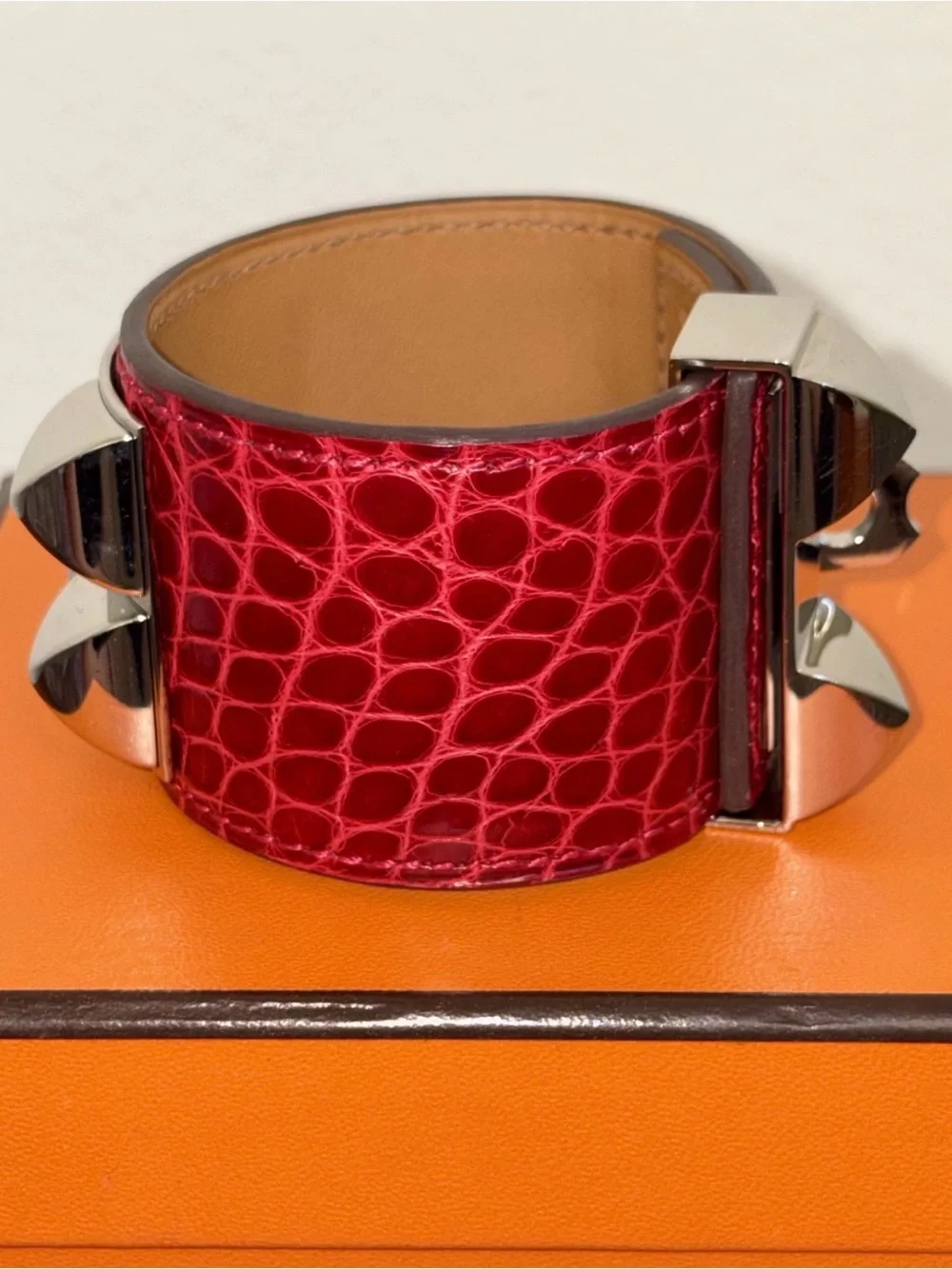 HERMÈS Pink Alligator Palladium PHW Collier de Chien CDC Wrap Bracelet size T2